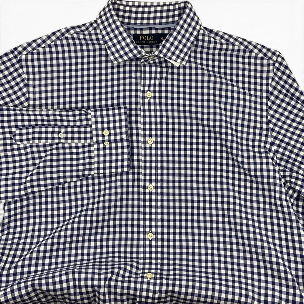Polo Ralph Lauren Mens‎ XL Gingham Button Down Shirt Navy White Cotton Long Slv